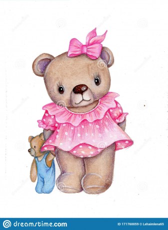 cute-watercolor-teddy-bear-girl-pink-hand-drawn-illustration-cartoon-dress-toy-isolated-171760059
