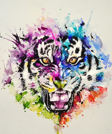 Rainbow_watercolor_gnarling_tiger_head_tattoo_design