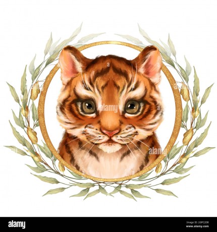 cute-baby-tiger-portrait-with-floral-frame-digital-painting-isolated-on-white-2GPC2DB