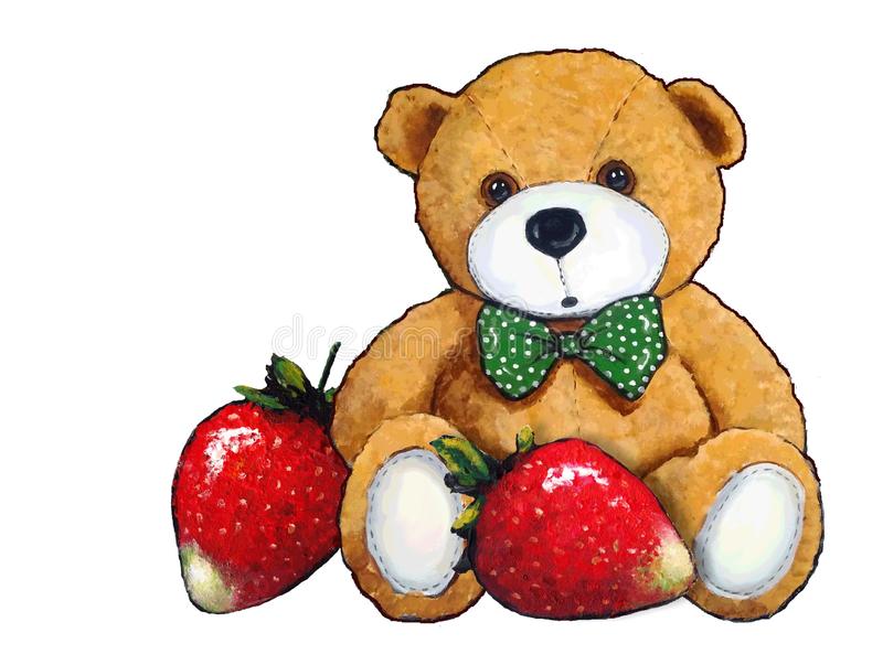 teddy-bear-strawberries-drawing-my-illustration-big-wearing-polka-dotted-bow-tie-seated-two-large-red-juicy-154590676