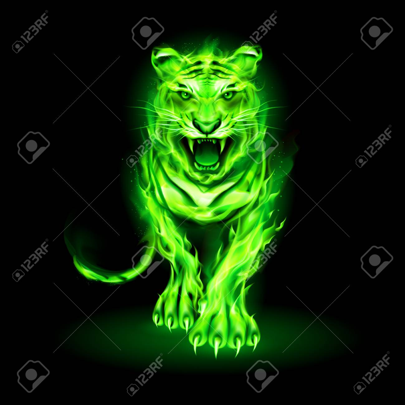 123137077-ilustración-del-gran-tigre-de-fuego-verde-caminando-y-rugiendo-sobre-fondo-negro
