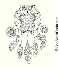 modelé-hibou-coloration-dreamcatcher-zen-adulte-dessin_csp60412796